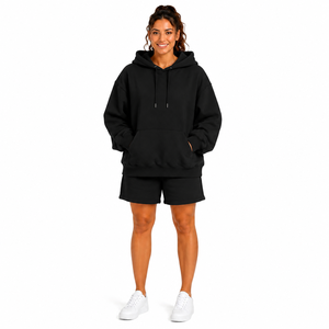 Women's 2 Piece Hoodie Shorts <b>Set</b> Solid Black Fleece Long Sleeve Loose Fit Casual Drawstring Pocket All Seasons Wear - Product Image 5
