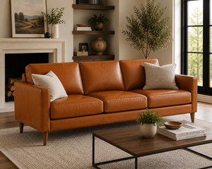 Modern Genuine Leather Three Seat <b>Sofa</b> With Wood Legs Tight Back Straight Arms Midcentury Living Room Furniture Leather <b>Sofa</b> - Product Image 6