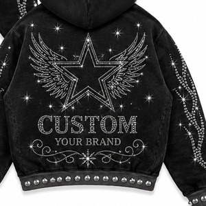 Sweat à capuche noir personnalisé avec imprimé couronne étoile en strass et ourlet côtelé clouté, unisexe - Product Image 3