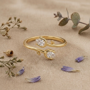 Pear Cut Moissanite Open Ring for Women Minimalist Leaf <b>Wrap</b> Gold Adjustable Promise Ring - Product Image 3