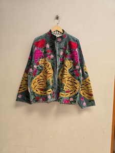 Hand Embroidered Tiger <b>Velvet</b> <b>Jacket</b> Women Mandarin Collar Full Sleeve Open Closure Autumn Boho Style Regular Length Suzani - Product Image 2