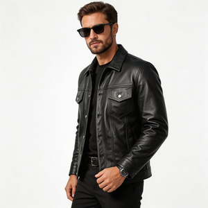 Veste en cuir véritable pour homme, col rabattu, fermeture à boutons, coupe ajustée, style motard, vêtement d'automne, manches classiques - Product Image 5
