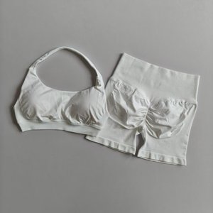 Shorts de yoga blancs taille haute en spandex sans couture avec décoration en maille, taille élastique, respirants, motif uni - Product Image 1