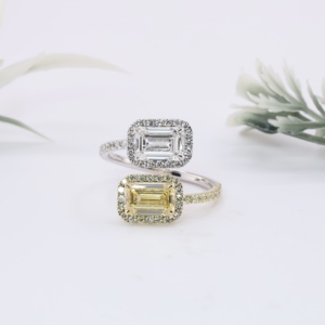 Two Tone Gold Toi Et Moi Emerald Cut White and Fancy Yellow Lab Grown <b>Diamond</b> Halo Bypass <b>Ring</b> Fine Jewelry For Women - Product Image 1