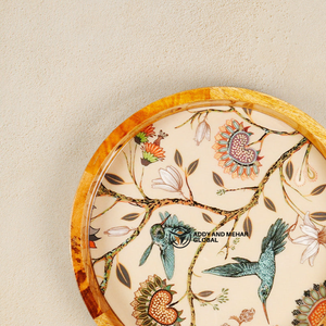 Round Mango Wood Epoxy Resin Serving <b>Tray</b> with Bird Floral Design Decorative Wooden Food Storage <b>Tray</b> for <b>Kitchen</b> Dining Home - Product Image 3