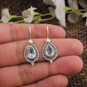 Boucles d'oreilles pendantes en topaze bleue naturelle, argent sterling 925, pierre précieuse taille poire, bijoux de luxe pour femme, pour occasions spéciales - Product Image 1