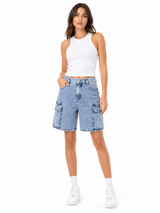 <b>Women</b>’s Premium Blue Denim Cargo <b>Shorts</b> High Waist <b>Utility</b> <b>Shorts</b> Washed Denim Casual Bottomwear Multi Pocket Design Relaxed Fit - Product Image 3