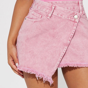 Minifaldas vaqueras asimétricas de tiro medio para mujer, precio de fábrica al por mayor, con detalle de dobladillo deshilachado, elegantes minifaldas vaqueras para mujer - Product Image 5