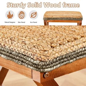 Natural Seagrass Rectangular Ottoman Footstool with Wooden Legs Hand-Woven Footrest for Living Room - Product Image 6