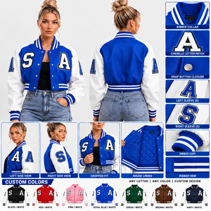 <b>Women</b>’s Custom Cropped Varsity <b>Jacket</b> Purple & White Chenille Letterman <b>Jacket</b> with <b>Embroidered</b> Patches <b>Women's</b> <b>Jackets</b> - Product Image 2