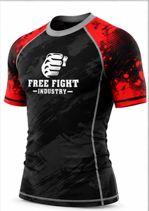 เสื้อรัดกล้ามเนื้อแขนสั้นสำหรับผู้ชาย ยี่ห้อ Free Fight Industry แห้งเร็ว สีดำแดง พิมพ์ลายโลโก้ด้านหน้า - Product Image 1