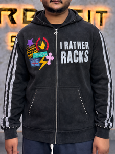 Sweat à capuche pour homme, coupe oversize, noir, style streetwear, avec broderie et patchs effet vieilli, délavé à l'acide, 100% coton, imprimé, avec strass - Product Image 2