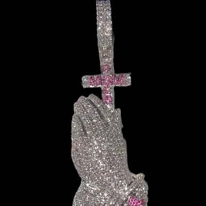 RB Gems Solid 925 Sterling Silver <b>Iced</b>-<b>Out</b> VVS Moissanite Praying Hands Pendant Hip-Hop Cross Charm Rose Gold Pink Accent <b>Chains</b> - Product Image 2