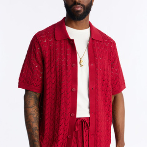 Ensemble polo et short en tricot pour homme, couleur rouge unie, tenue décontractée en deux pièces, tricot respirant en coton - Product Image 2