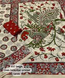 Sari en lin doux imprimé Kalamkari avec broderie Aari et miroir, et chemisier imprimé assorti parfaitement. - Product Image 3