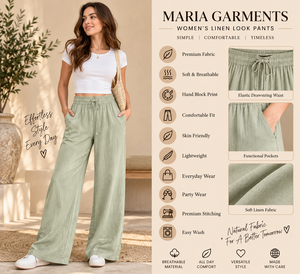 Fournisseur de vêtements en gros haut de gamme - Maria Garments - Ensemble décontracté d'été : T-shirt vert sauge et pantalon large en lin/coton élastique - Product Image 2