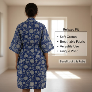 Al por mayor: Bata kimono de algodón azul floral con cuello en V largo, ropa de dormir transpirable con cordón, ropa de estar de algodón para mujer, fabricante - Product Image 3