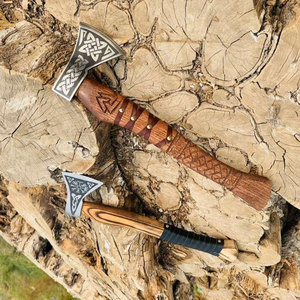 Decorative Industrial Viking <b>Axe</b> Carved Nordic Head Natural <b>Wood</b> Handle Carbon Steel Blade Traditional Norse Craftsmanship for - Product Image 2