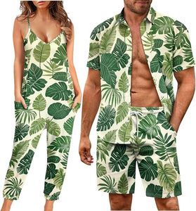 Ensemble de vêtements décontractés pour couples, sur mesure, fabriqués en usine OEM, pour les vacances d'été, imprimé feuilles de palmier vertes, chemise hawaïenne à boutons pour homme, ensemble pour femme - Product Image 1