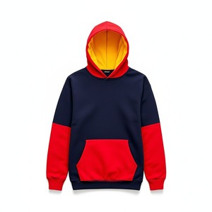 Men's Color Blocking Hooded Sweatshirt Regular Fit Knitted Casual Autumn Wear <b>Red</b> Navy Pocket Design Pullover <b>Hoodies</b> Seamed - Product Image 3