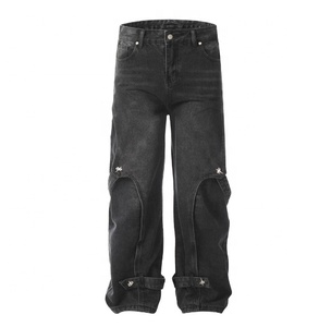 Pantalones Vaqueros Cargo para Hombre, Cintura Alta, Corte Holgado, Lavado Desgastado, Azul, Algodón, Estilo Casual Urbano, Otoño, Pierna Ancha - Product Image 2