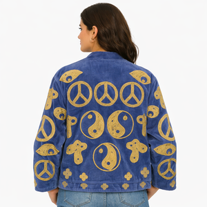 Embroidered Velvet Bomber <b>Jacket</b> Eco-Friendly Quilted Peace Yin Yang Pattern Full Sleeve Stand Collar Covered Button Women's - Product Image 2