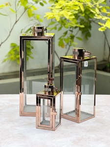 2025 Hot Selling Glossy Rose Gold Stainless Steel Glass Modern Handmade Square Shape Christmas <b>Candle</b> Holder Lanterns <b>Set</b> 3 Home - Product Image 2