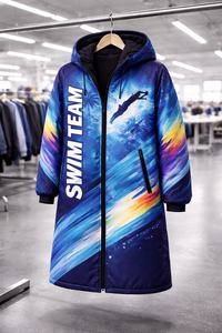 Parka de Natación de Alto Rendimiento con Forro Polar Cálido, Exterior Impermeable, Diseño Abstracto Azul, con Capucha y Corte Largo - Product Image 6