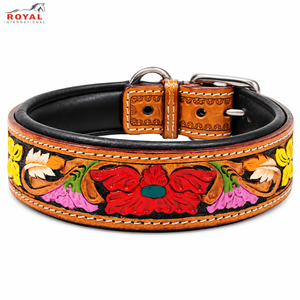 Vibrant Western Floral Tooled Leather Dog Collar <b>Padded</b> Inner Lining | Adjustable Metal Buckle Handmade Pet Neckwear <b>Walking</b> - Product Image 1