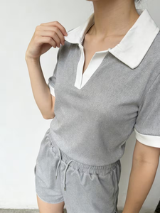 Summer Polo Collar Knee Button Pajama Set Breathable Loose-Fitting Casual Sporty Short Sleeve Shorts Two-Piece Women Solid Color - Product Image 2