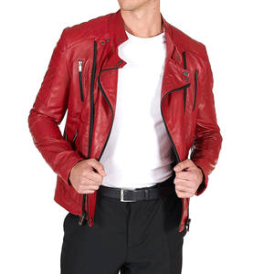 Veste universitaire pour homme en cuir véritable rouge, écologique, col montant, fermeture éclair, coupe ajustée, longueur normale, couleur unie - Product Image 5