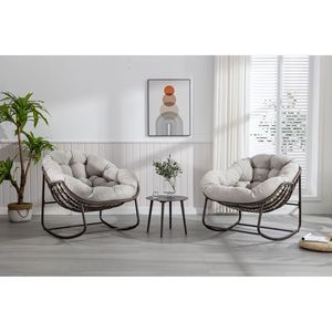 Sedia a dondolo da esterno in rattan beige con cuscino imbottito per portico, soggiorno, patio, giardino, cortile anteriore - Poltrona reclinabile a dondolo - Product Image 6