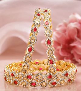 Gold Plated Brass Bangles Flower Pattern Crystal Emerald Cut Women's Wedding Party Jewelry Claw Setting Third Party Certified - Product Image 1