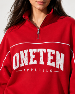 ONETEN APPARELS Red <b>Quarter</b> <b>Zip</b> <b>Sweatshirt</b> Oversized Regular Fit 100% Cotton French Terry Front Logo Casual Unisex Winter Wear - Product Image 6