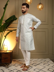 <b>Men's</b> White Jacquard <b>Kurta</b> <b>Pajama</b> Set For Regular Fit Traditional Indian Pakistani Casual Wear From Samp Corporation - Product Image 4