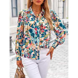 Chemisier à manches longues imprimé floral, col rabattu, coupe ample, décontracté, haut d'été respirant en viscose tissée et polyester pour femme - Product Image 3
