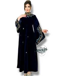 Awais House Women's Navy Velvet Beaded Embroidery Floor-Length Modest Formal Evening Dress V-neck Full Sleeve Natural Waist - Product Image 3