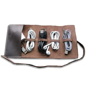 Handmade Leather Bag Cable Roll Holder Earphone Case, Travel Case Leather Cable Earphone Storage Bag