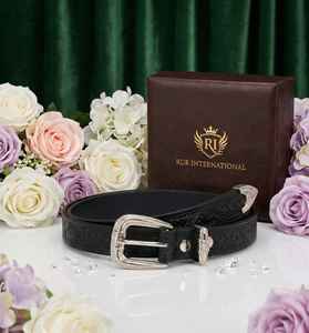 Ceinture Western Classique en Cuir Noir Gravé, Unisexe, avec Boucle en Argent à Motifs Floraux, Ensemble de 3 Pièces, en Cuir de Vachette Premium RUB - Product Image 6
