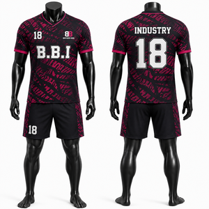 Conjunto de Uniforme de Fútbol Personalizado con Sublimación, 100% Poliéster, Diseño Negro y Rosa, Camiseta y Pantalones Cortos Unisex, Fabricante OEM - Product Image 1