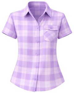 Lavender And White Plaid Womens Short Sleeve Button Up Shirt Casual Summer Lightweight Breathable <b>Checkered</b> <b>Top</b> With Pocket - Product Image 2