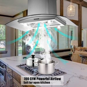 Cappa aspirante da isola in acciaio inossidabile da 36 pollici con 900 CFM, vetro temperato e luci LED - Product Image 6