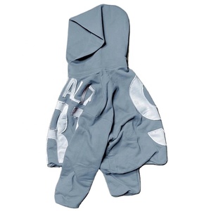 Nouveau design en détresse sweat à capuche brodé pour hommes poids lourd lavage à l'acide Patchwork ourlet brut 100% coton grande taille anti-rétrécissement - Product Image 5