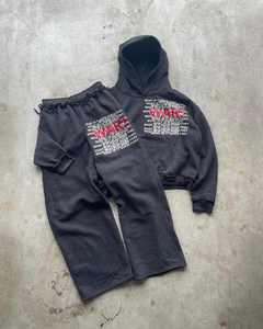 Heavyweight 100% Cotton <b>Men</b>’s Hoodie Set Acid Wash Custom Pullover Distressed Sweatshirt and Sweatpants - Product Image 1
