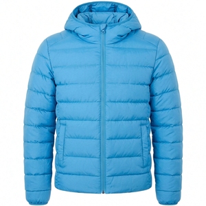 Manteau d'hiver pour homme, bleu, à capuche, coupe classique, fermeture éclair, léger, col rond, style décontracté, couleur unie, polyester, poches - Product Image 1