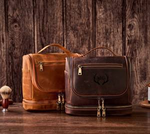Genuine Leather <b>Toiletry</b> <b>Bag</b> Mens Dopp Kit Shaving Wash <b>Bag</b> Travel Cosmetic Pouch <b>Large</b> Capacity Factory OEM TYG-0190 - Product Image 5
