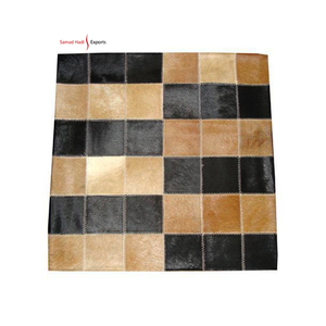New Arrival Aesthetic Cowhide Geometric Pattern Leather <b>Cushion</b> Covers Handmade Cotton Indoor Rug Set with Natural Fur Feel - Product Image 2
