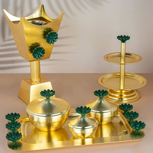 Golden Brass <b>Incense</b> Burner Set with Green Flower Knobs for Religious <b>Aromatherapy</b> Use - Product Image 1