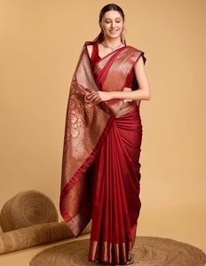 KV Soft Litchi Banarasi <b>Red</b> <b>Saree</b> With Unstitched Blouse - Product Image 3
