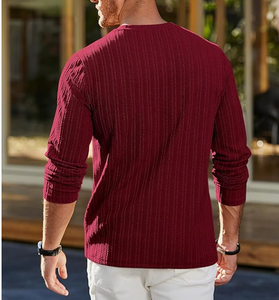 <b>Men</b> <b>Red</b> Long Sleeve Knitted Casual <b>Shirt</b> Solid Color V-Neck Full Sleeve Autumn Wear Cotton Fabric tMen Long Sleeve Casual - Product Image 4
